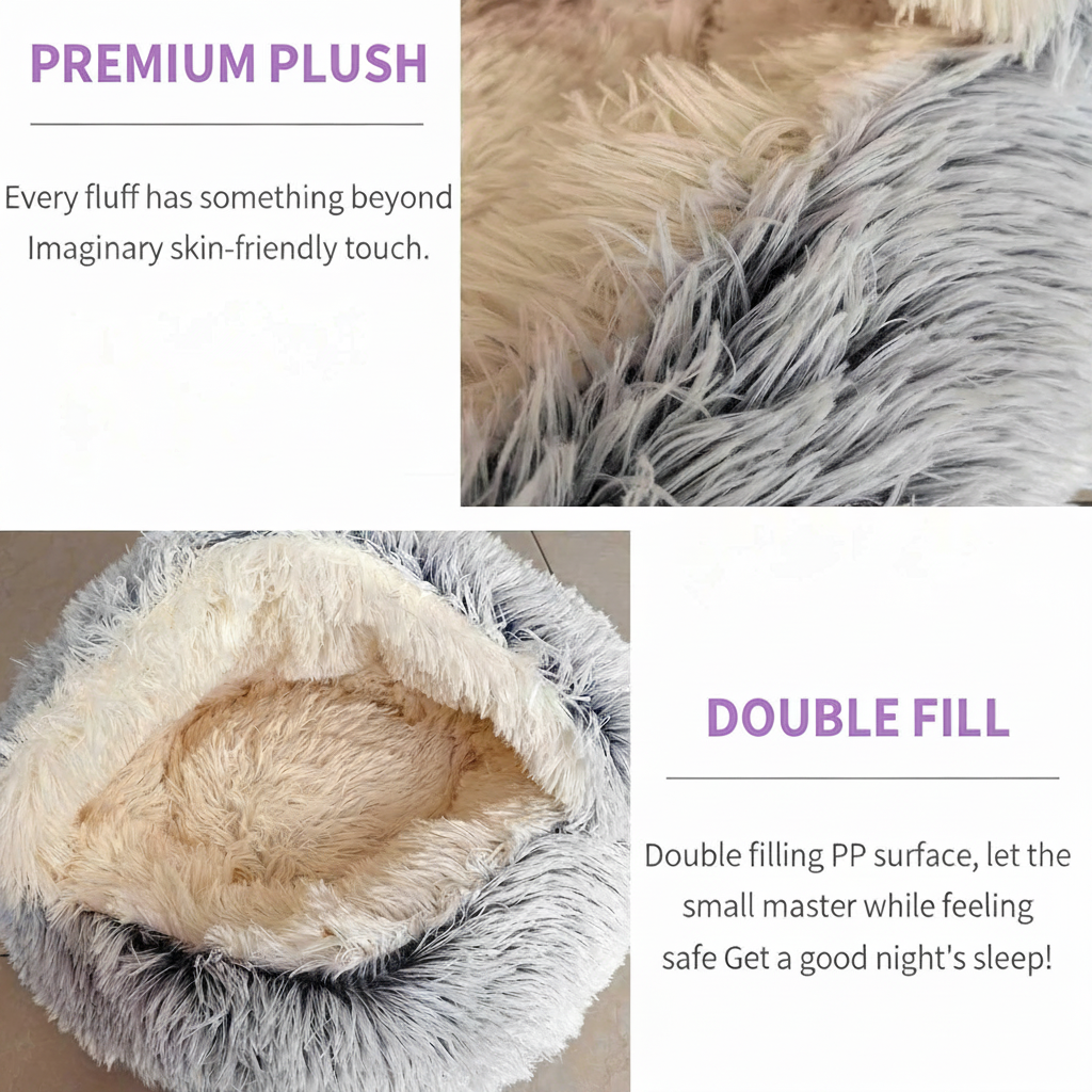 Close-up detail infographic of a grey long-pile plush hooded cave pet bed highlighting premium plush fabric texture and double-fill PP cushioning for comfort and security