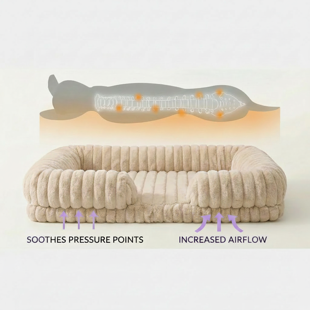 Pressure point and airflow infographic for a beige ribbed corduroy rectangular pet sofa bed, showing a transparent X-ray silhouette of a dog lying on the bed with orange pressure point markers along the spine and joints, and two blue arrow callouts below: Soothes Pressure Points and Increased Airflow