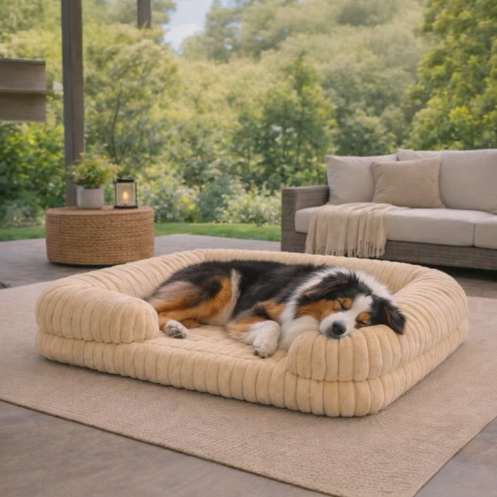 Dog laying peacefully on beige ribbed pet bed. The pet bed is plush and luxurious set out on an outdoor patio.