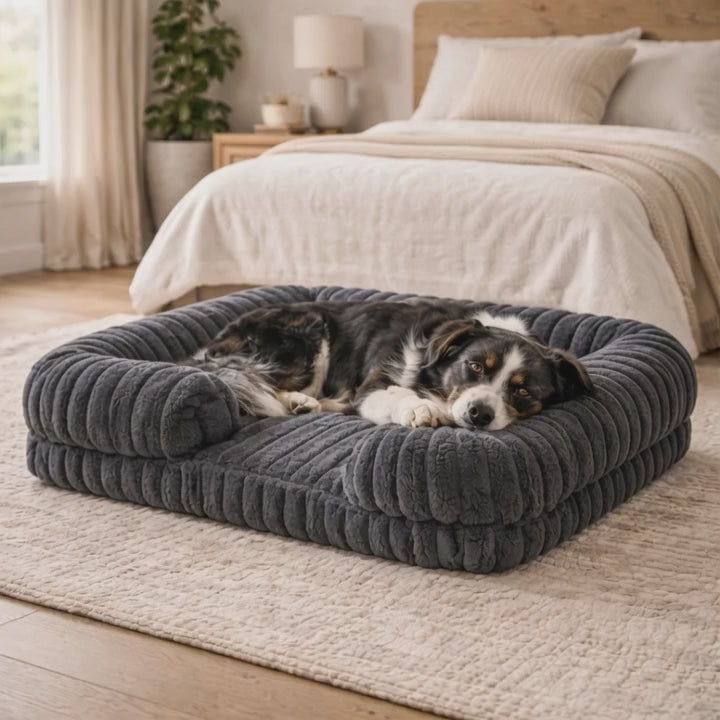 Short lifestyle video clip of a dog lying down and getting up from a grey luxe corduroy rectangular pet bed