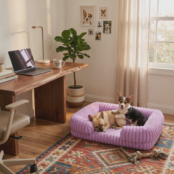 Two dogs laying and playing on a fuschia pink purple luxury pet bed that is ribbed