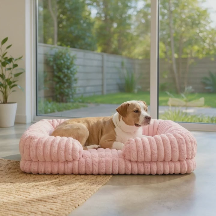 Video of dog happily laying on pink ribbed luxury pet bed