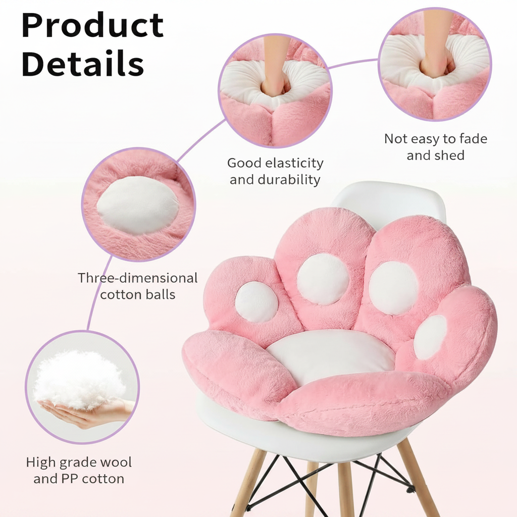 Product Details infographic for a blush pink and white plush paw-shaped cushion seated on a white Eames-style chair, with lavender circle callouts highlighting: Good elasticity and durability, Not easy to fade and shed, Three-dimensional cotton balls, and High grade wool and PP cotton filling, on a soft pink gradient background