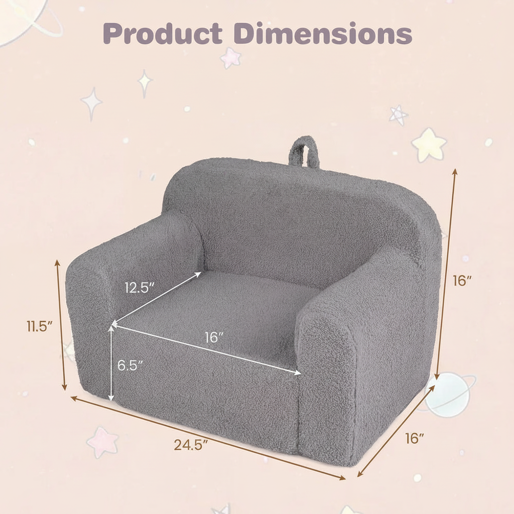 Product dimensions graphic with the baby icon and age text removed, and the heading recolored lavender