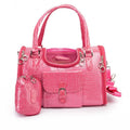 Pink pet carrier with clear pouch on a white background