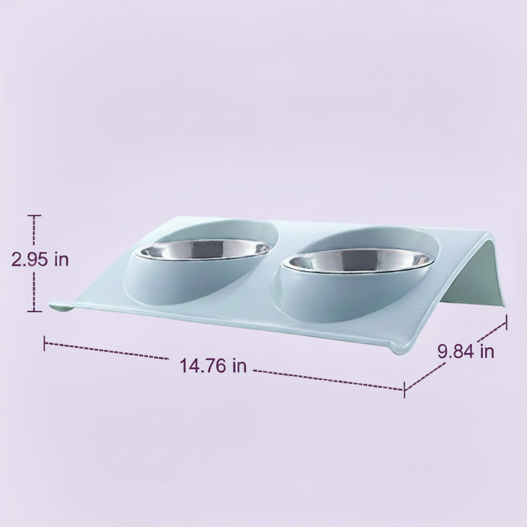 Double pet bowl feeder dimensions diagram showing 14.76 inch length, 9.84 inch width, and 2.95 inch height with two stainless steel bowls on elevated tray