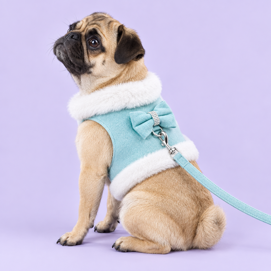 Pug in aqua harness