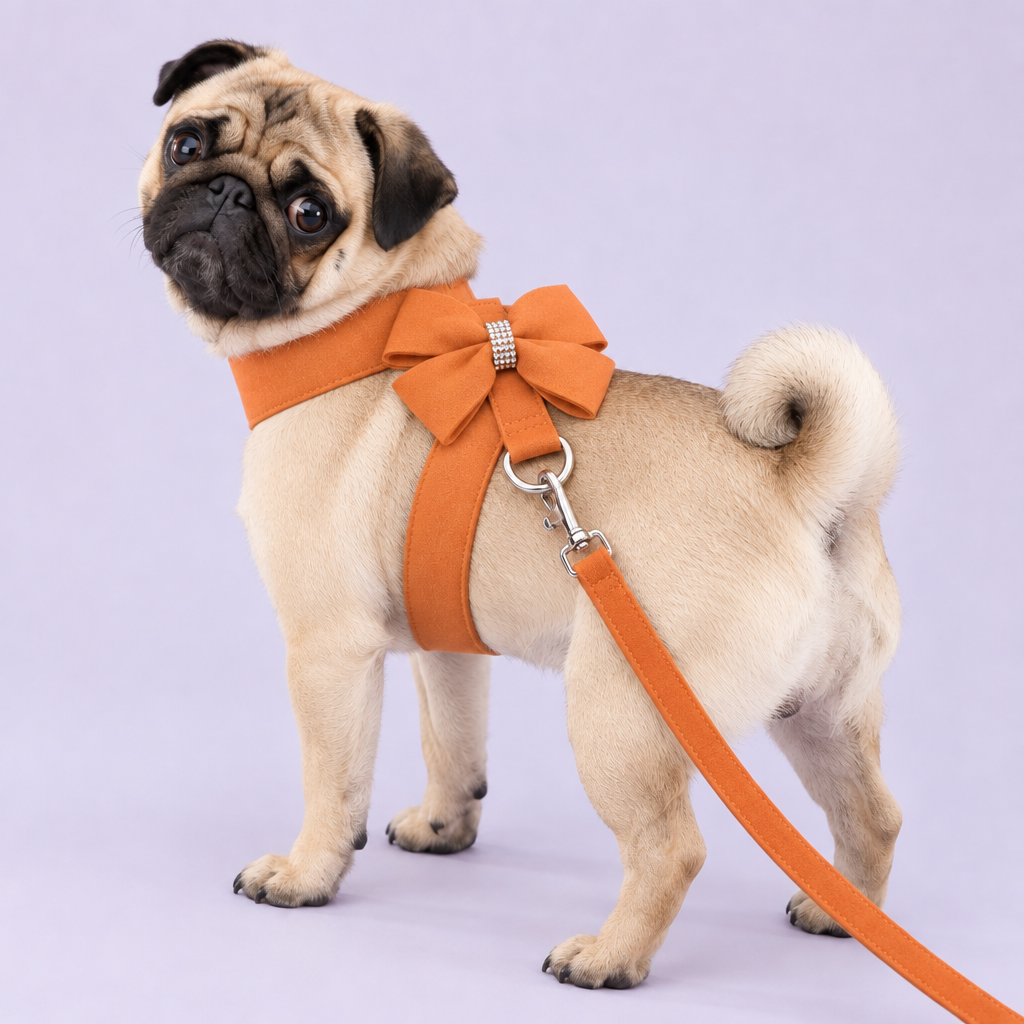 Pug in orange bow harness with corrected back and leash
