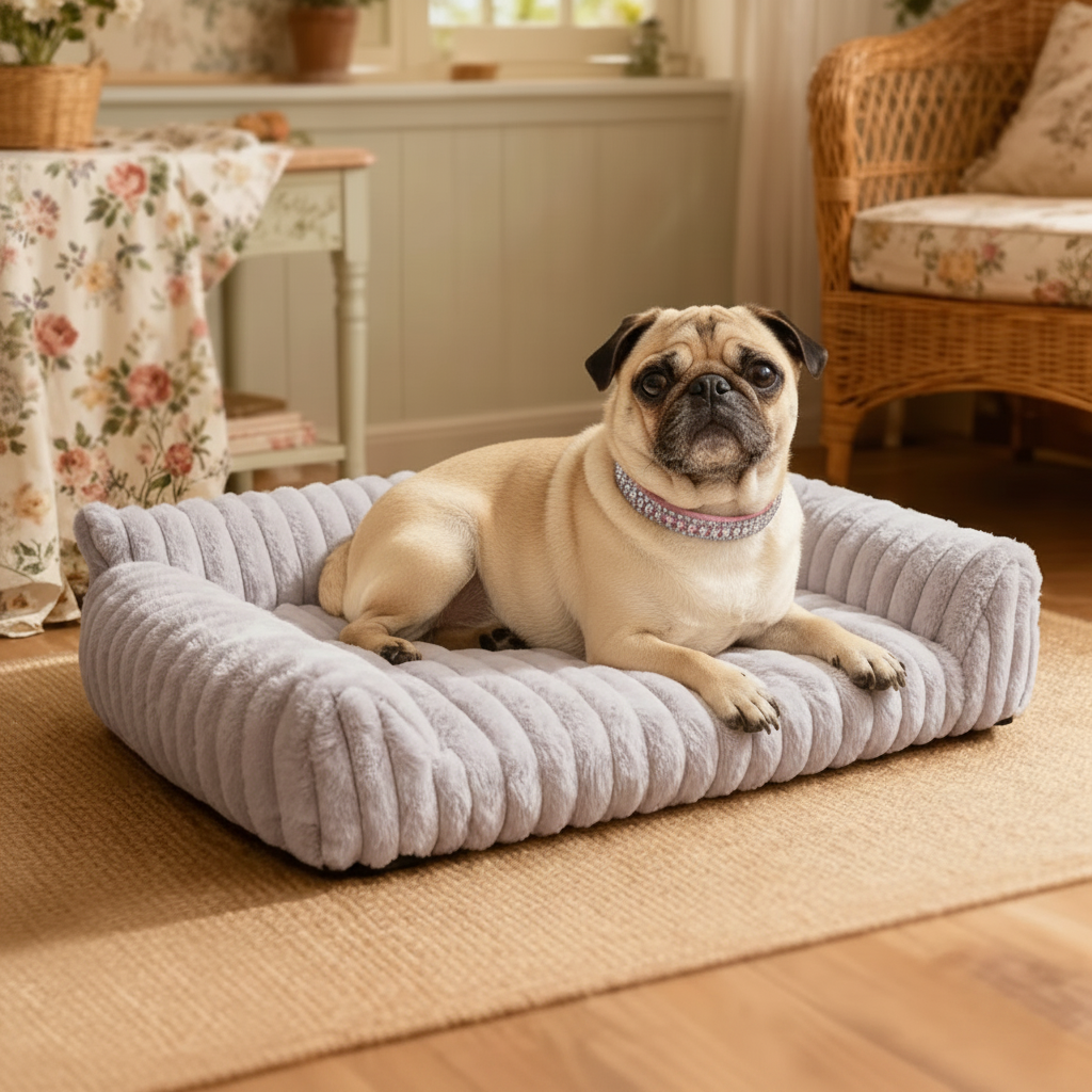 Fawn Pug wearing a pink rhinestone collar lounging on a light grey ribbed channel-tufted plush pet sofa bed in a cozy cottage-style living room with floral tablecloth, wicker chair, and warm wood floors