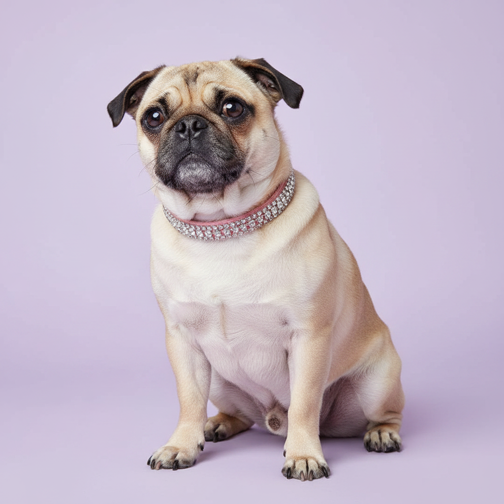 Fawn Pug sitting tall wearing a pink double-row crystal rhinestone collar, luxury rhinestone dog collar on lavender background