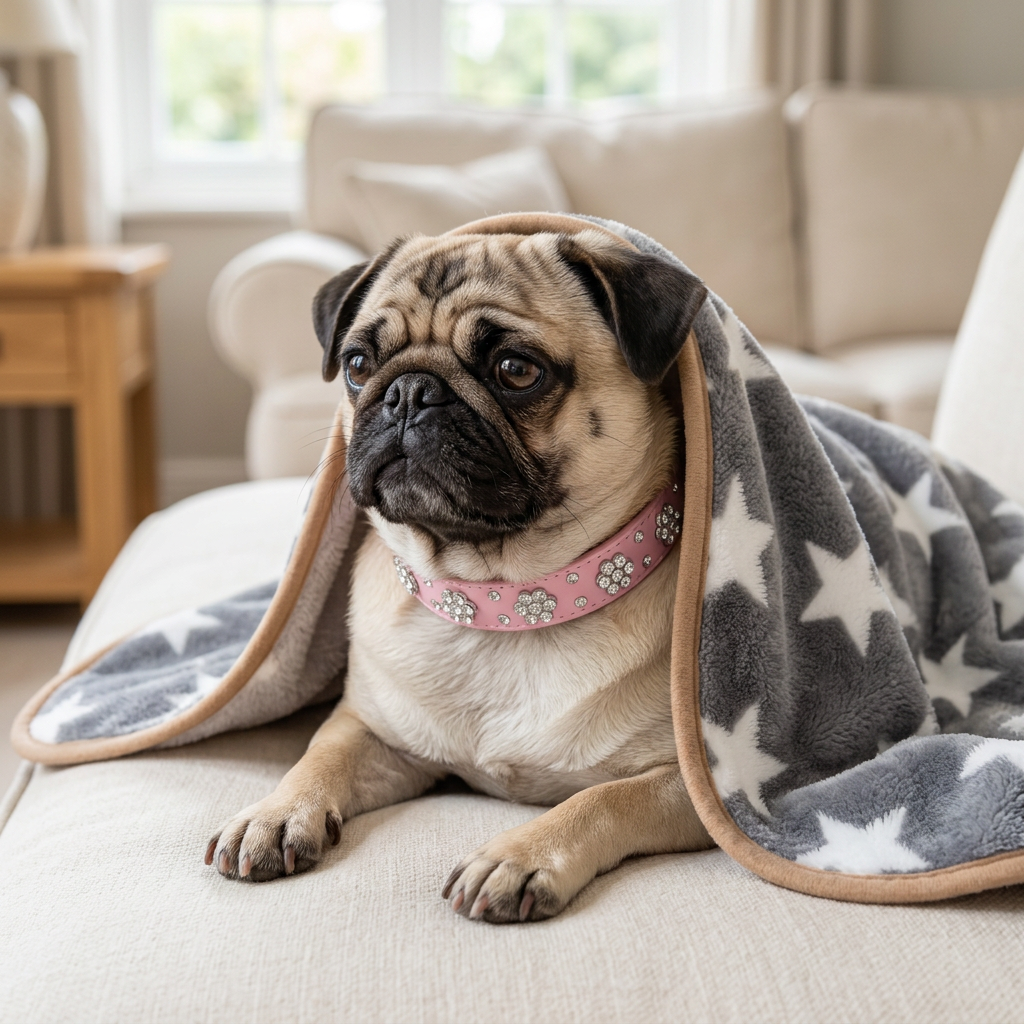 Pug under gray star blanket in a living room