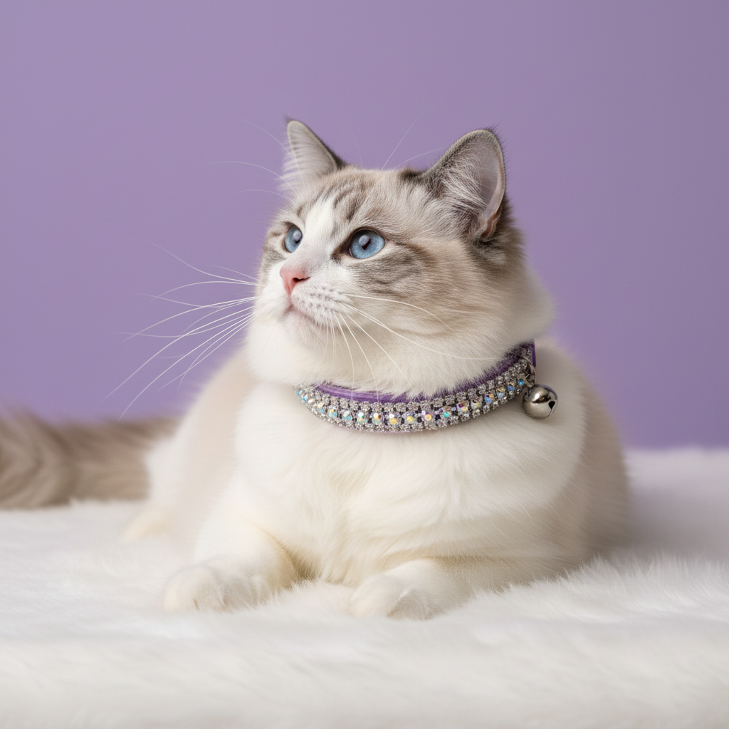 Blue-eyed Ragdoll cat lounging and gazing up wearing a purple AB rhinestone cat collar with silver bell