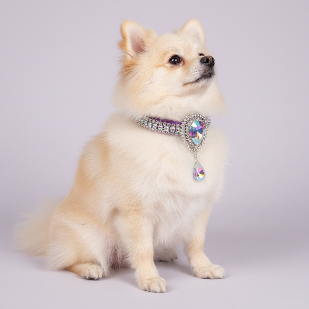 Cream Pomeranian sitting upright and gazing up wearing a purple rhinestone dog collar with AB teardrop sunburst centerpiece and dangling AB teardrop pendant
