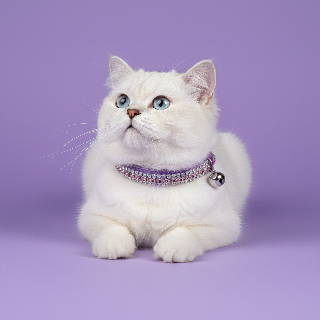 Blue-eyed white British Shorthair lounging and gazing up wearing a purple band pink rhinestone cat collar with silver bell
