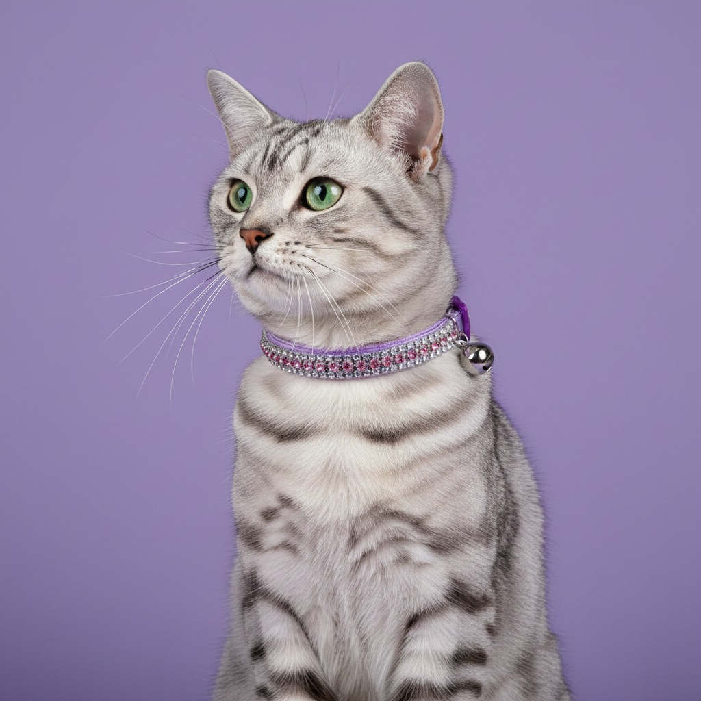 Green-eyed silver tabby cat glancing to the side wearing a purple band pink rhinestone cat collar with silver bell
