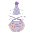 Purple birthday hat and bib set on a white square background