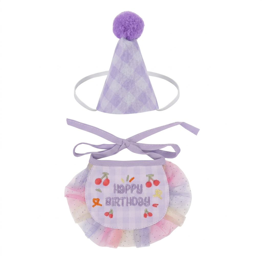 Purple birthday hat and bib set on a white square background