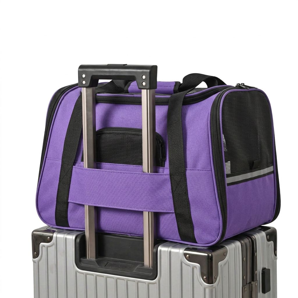Purple carrier on silver luggage, square white background