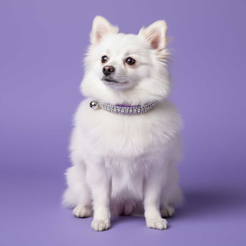 White Pomeranian sitting wearing a purple clear rhinestone dog collar with silver bell