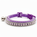 Purple velvet cat collar with triple-row rhinestone band, lavender pink center stones, safety breakaway buckle and silver bell — luxury cat collar