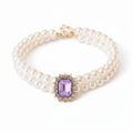 Double-strand pearl pet collar with amethyst purple emerald-cut crystal centerpiece and gold hardware