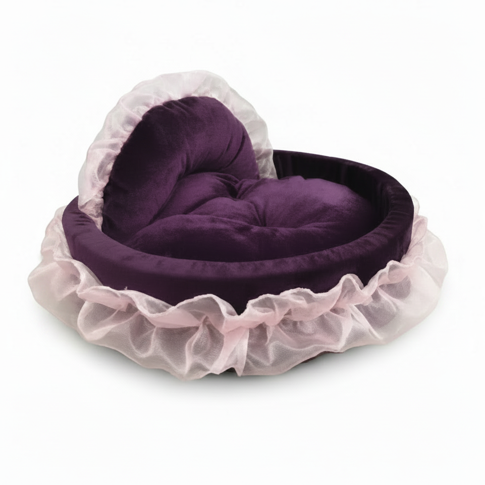 Deep purple velvet heart-shaped ruffle pet bed with sheer blush pink chiffon ruffle trim and tufted cushion interior, white background