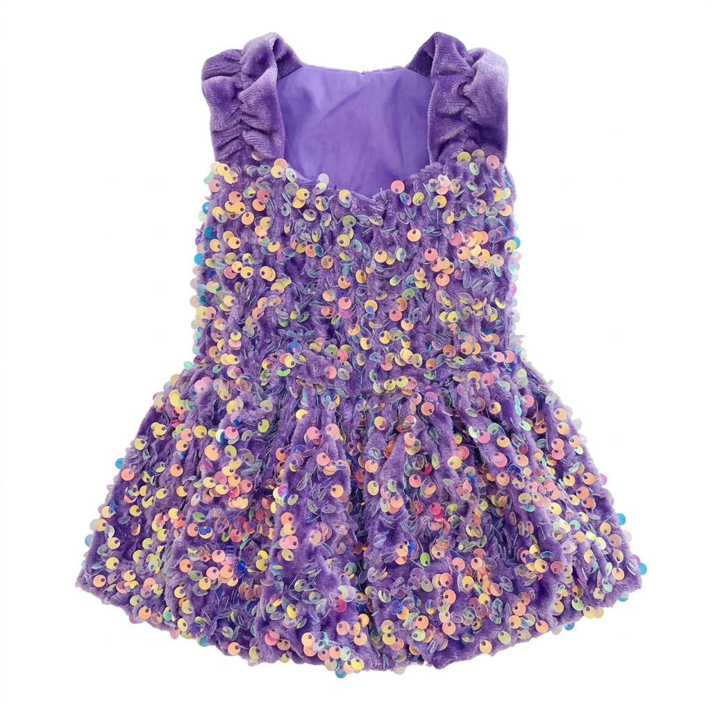 Purple sequin dress on a square white background