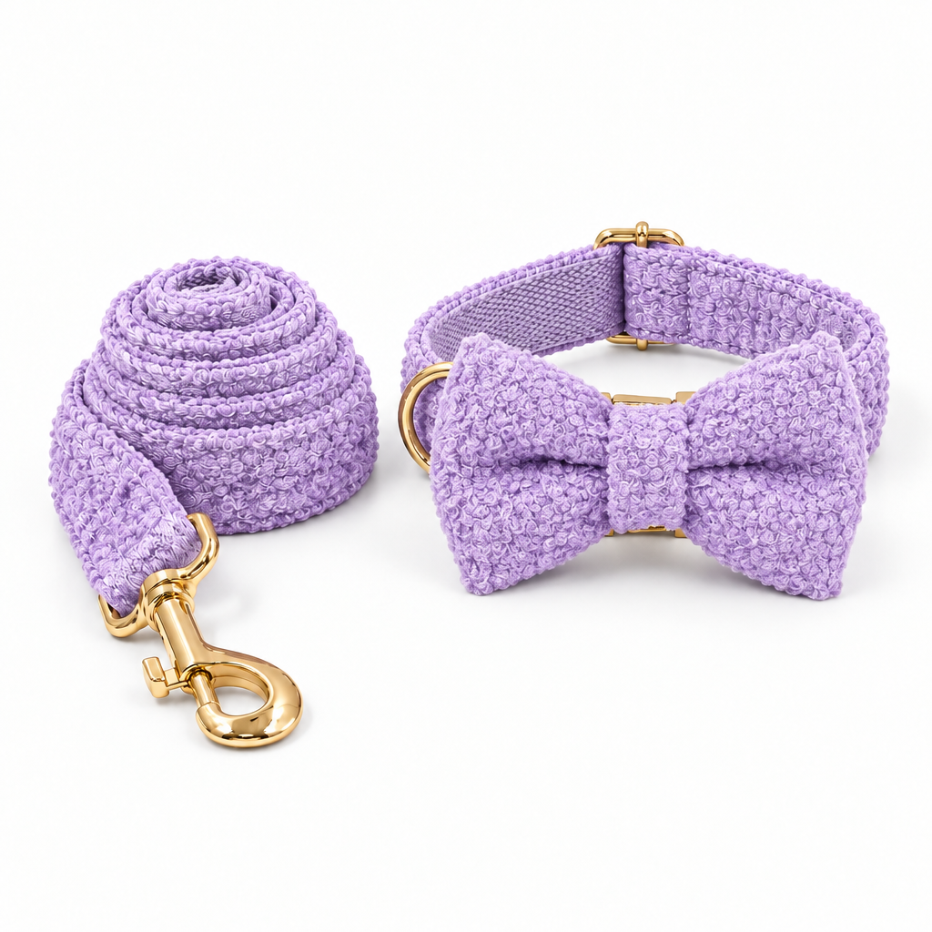 Purple teddy fleece collar and leash set with matching bow tie attached to the front of the collar