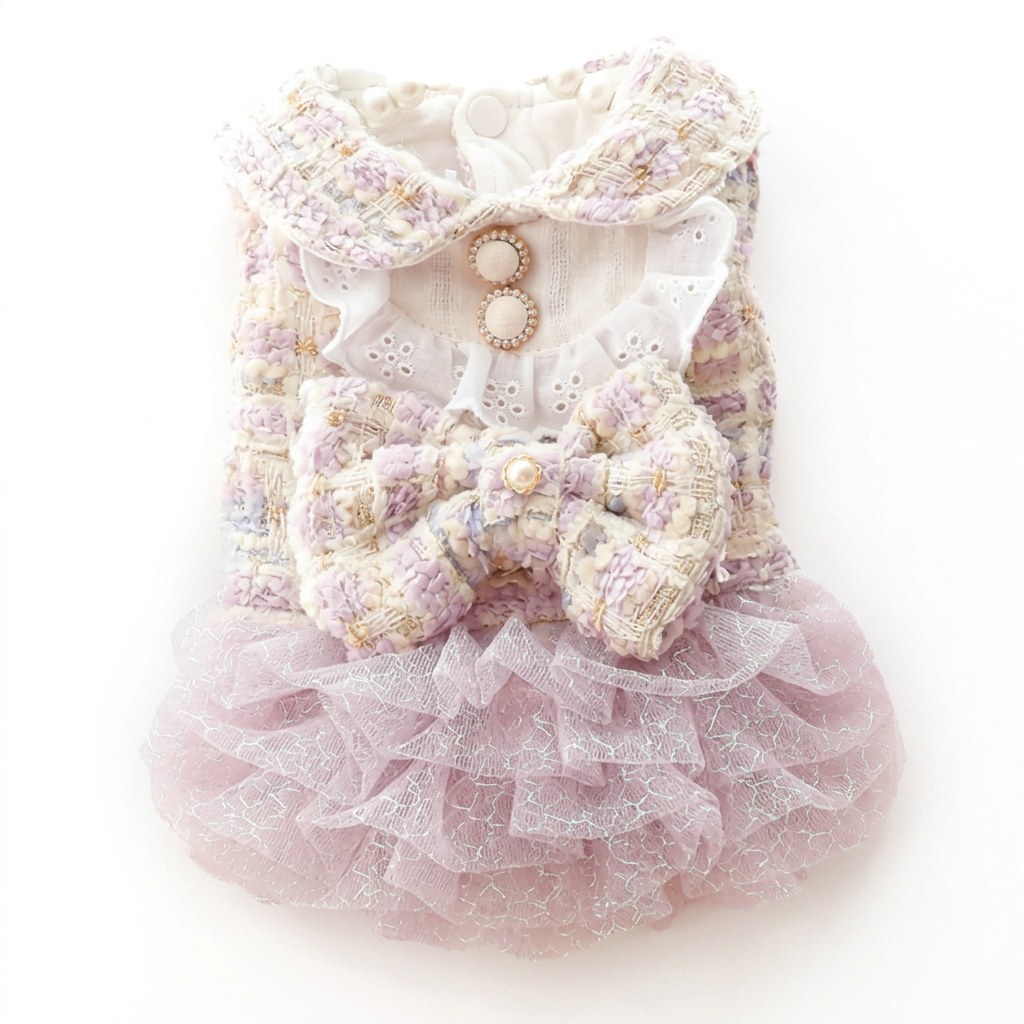 Purple tweed dress matched to the pink dress’s positioning and square white-background presentation
