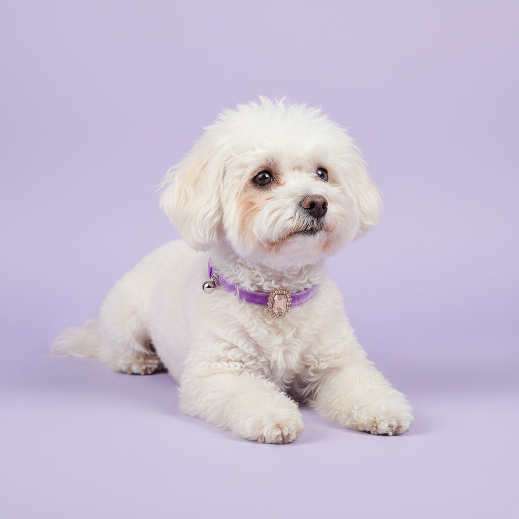 White Bichon Frise lounging with paws stretched forward and facing the camera wearing a purple velvet dog collar with a rectangular pink crystal pendant surrounded by clear rhinestones and a small silver bell