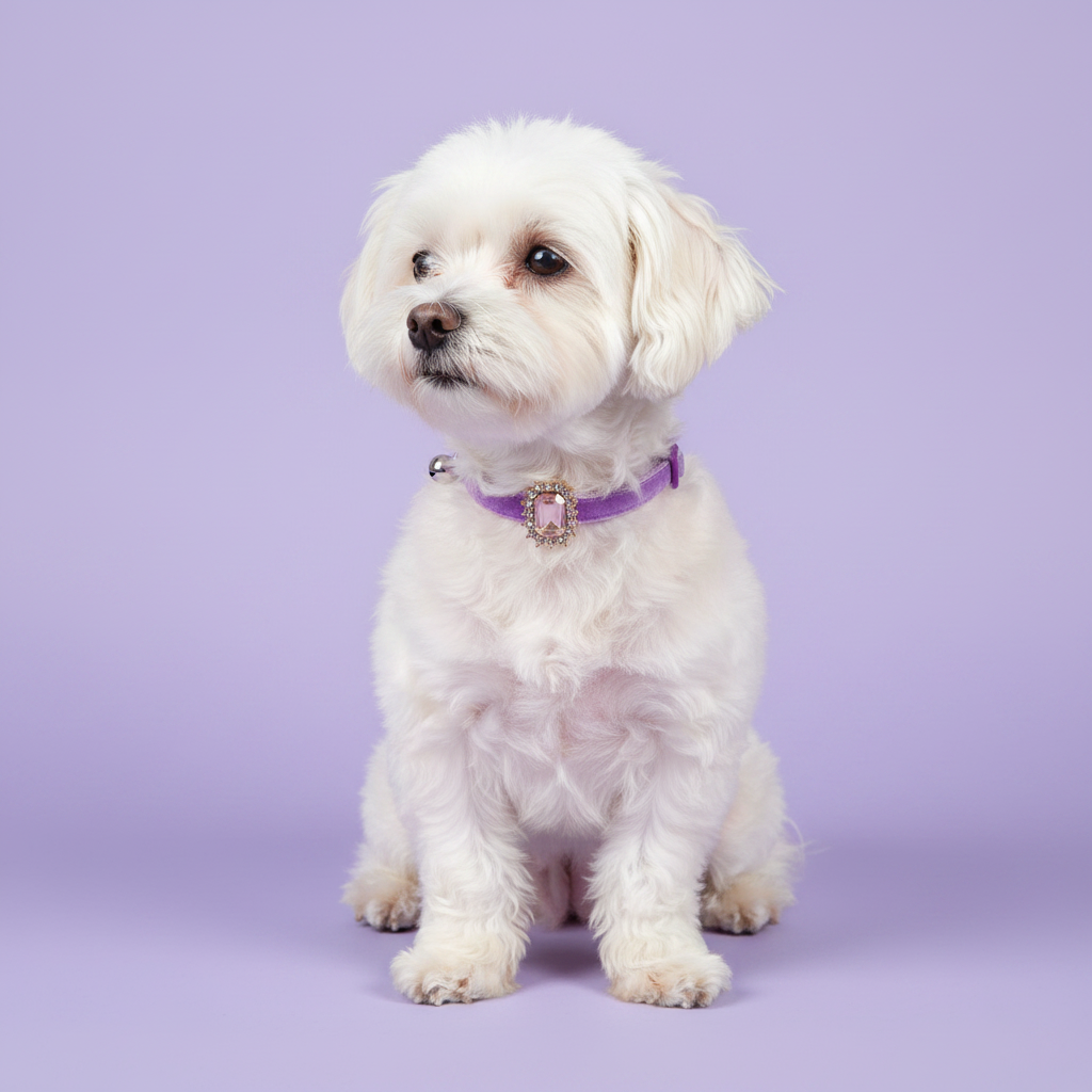 White Maltese sitting upright in a three-quarter pose gazing to the side wearing a purple velvet dog collar with a rectangular pink crystal pendant surrounded by clear rhinestones and a small silver bell