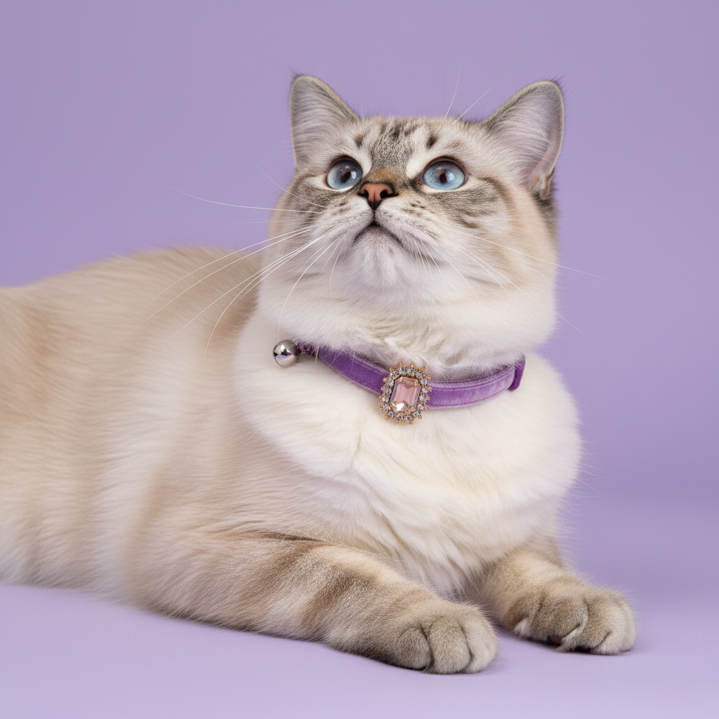 Blue-eyed Ragdoll cat lounging with paws stretched forward and gazing upward wearing a purple velvet breakaway cat collar with a rectangular blush emerald cut crystal pendant surrounded by clear rhinestones and a small silver bell