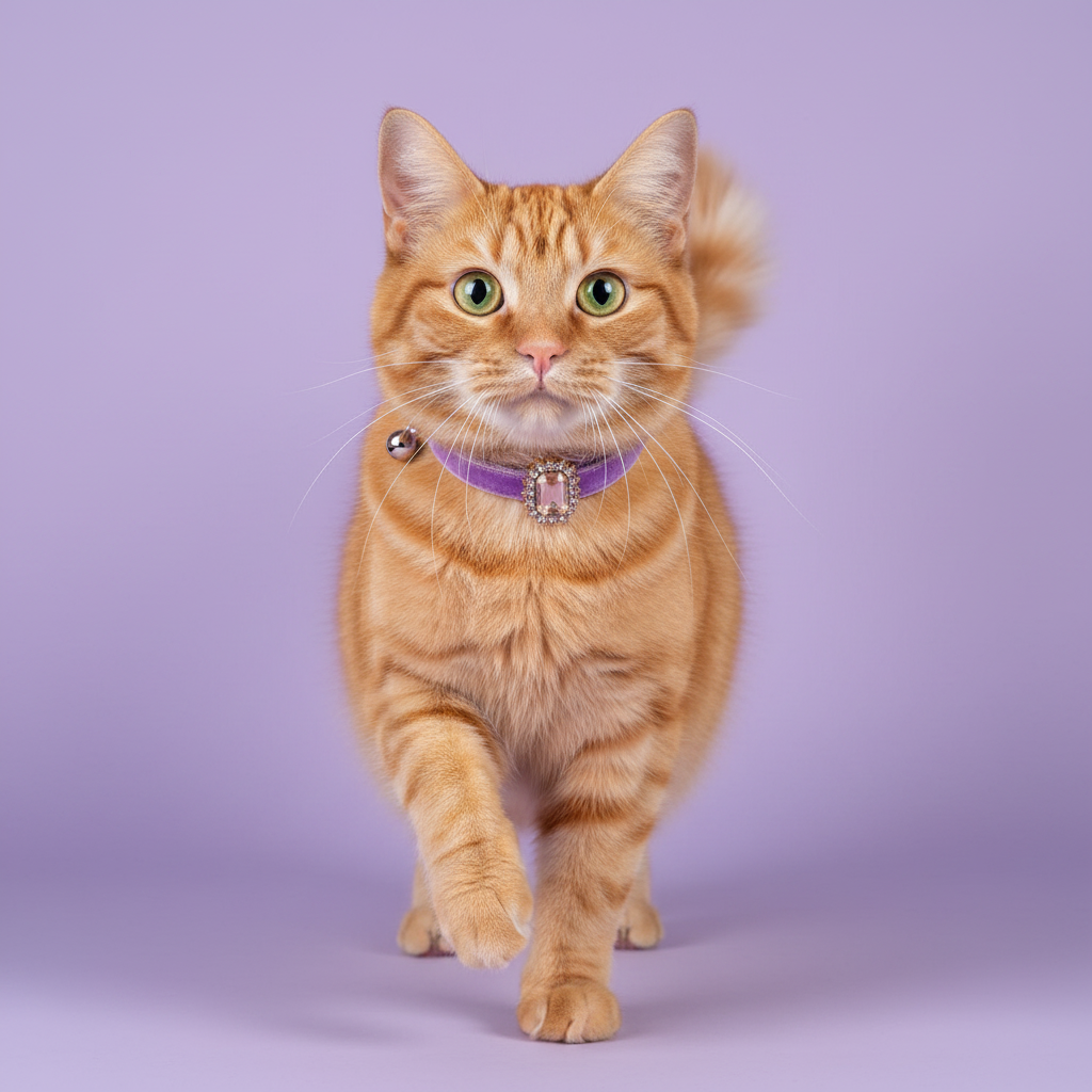 Orange tabby cat with green eyes mid-prance facing the camera wearing a purple velvet breakaway cat collar with a rectangular blush emerald cut crystal pendant surrounded by clear rhinestones and a small silver bell