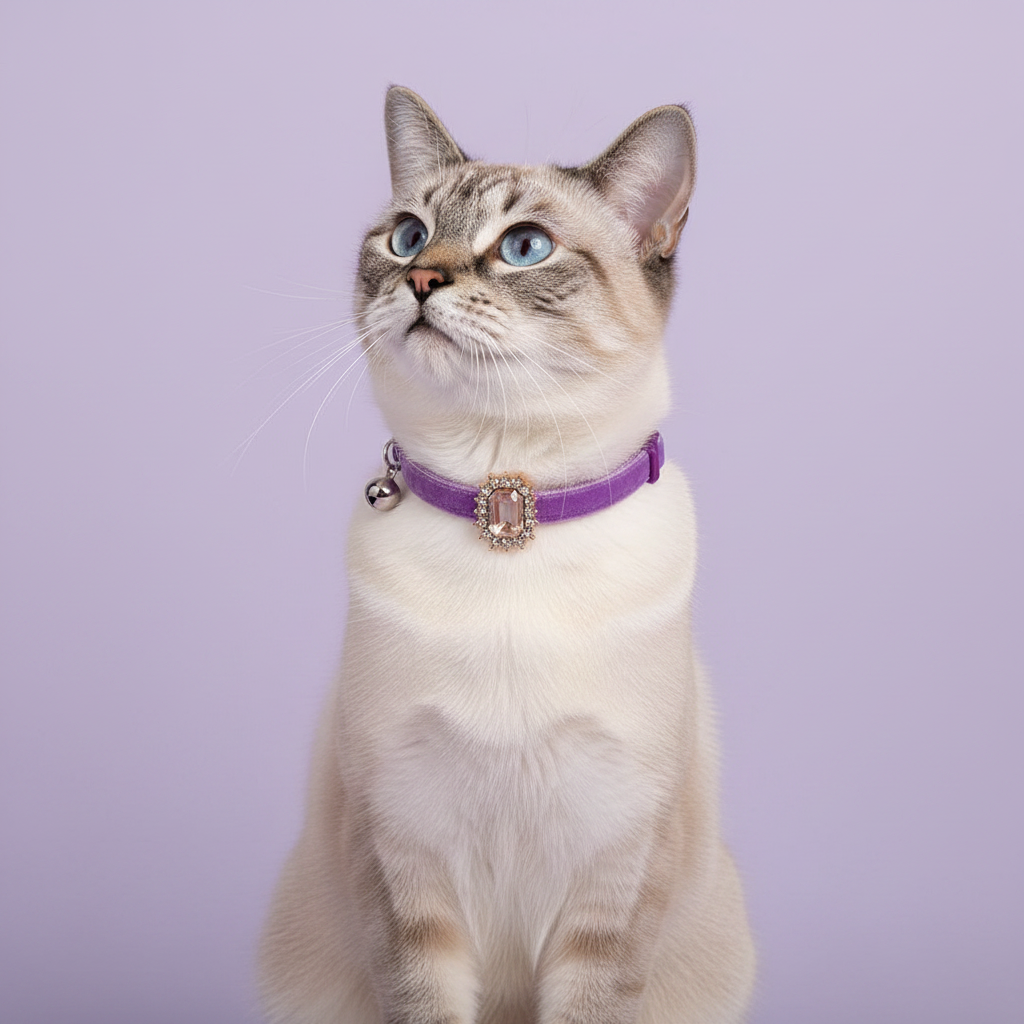 Siamese cat with blue eyes sitting upright and gazing upward wearing a purple velvet breakaway cat collar with a rectangular blush emerald cut crystal pendant surrounded by clear rhinestones and a small silver bell