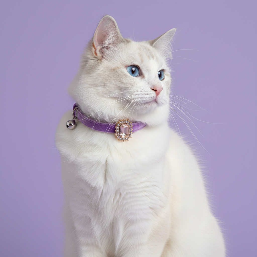 White Ragdoll cat with blue eyes sitting upright in a three-quarter pose glancing to the side wearing a purple velvet breakaway cat collar with a rectangular blush emerald cut crystal pendant surrounded by clear rhinestones and a small silver bell