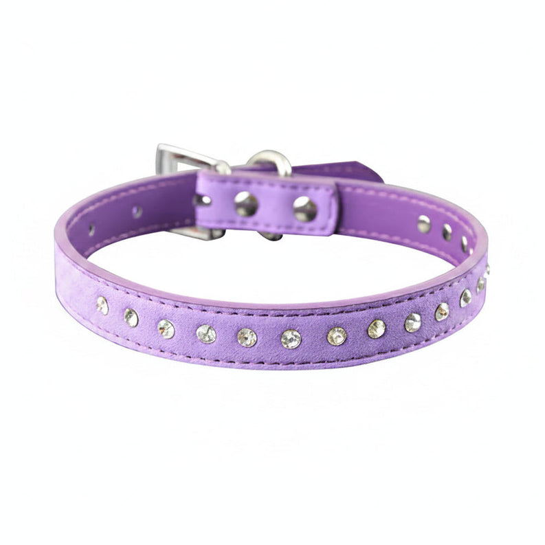 Lavender purple leather cat and dog collar with single row clear rhinestone crystals and silver buckle, angled side view luxury bling pet collar product photo on white background