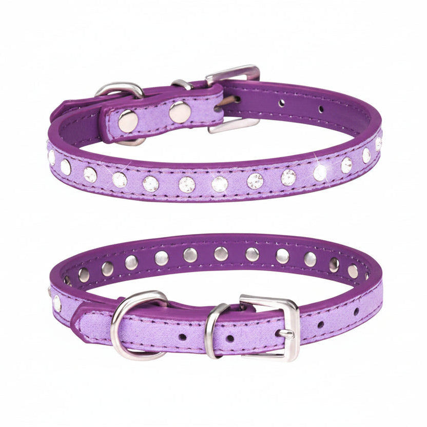 Purple leather cat and dog collar with single row clear rhinestone crystals and silver buckle, luxury bling pet collar product photo on white background


