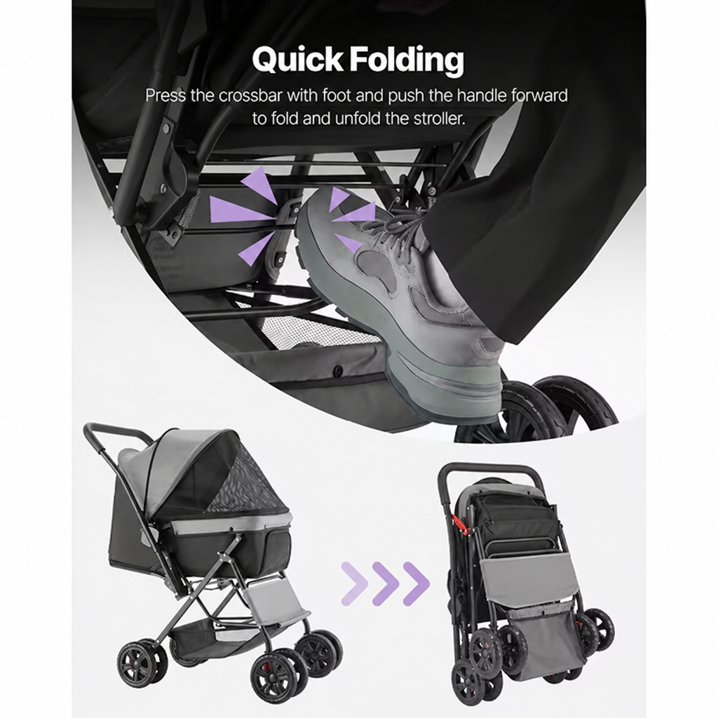 Quick Folding stroller graphic with lavender arrows
