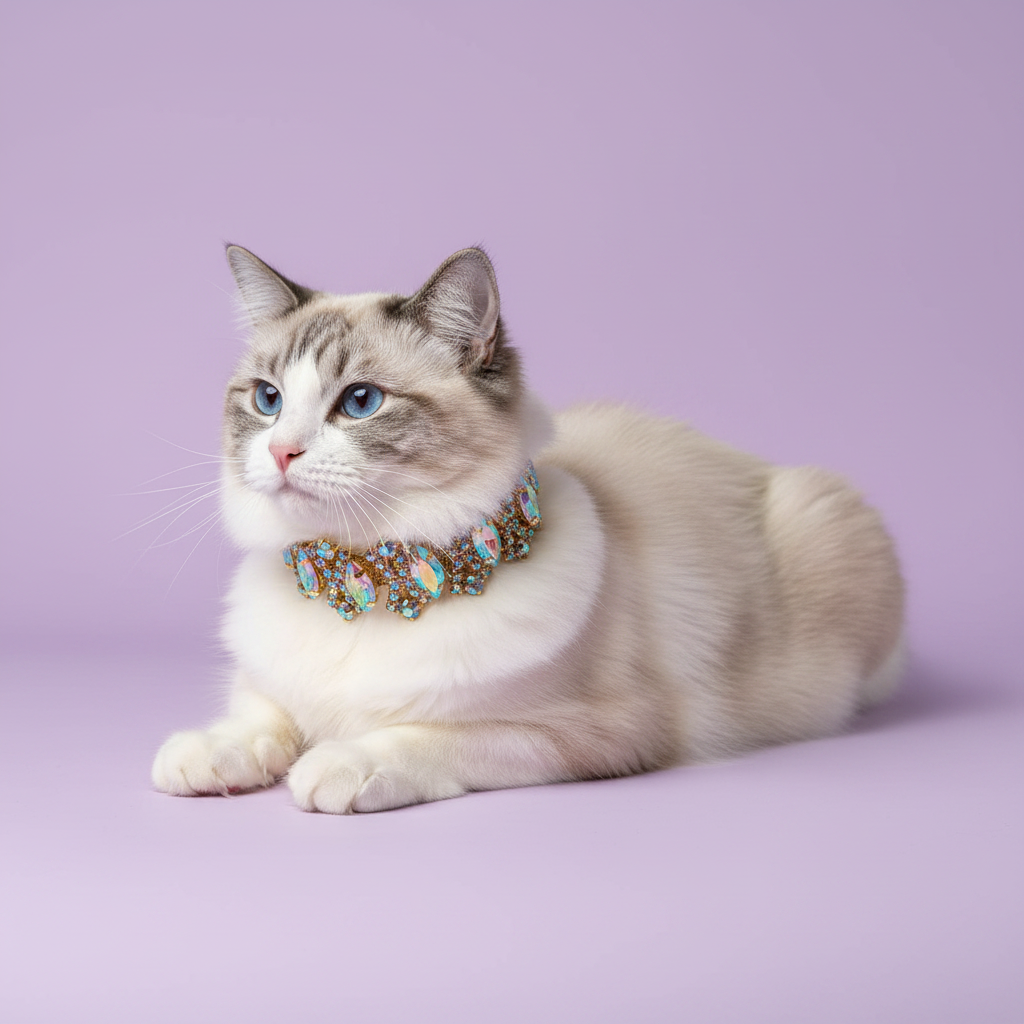 Blue-eyed lynx point Ragdoll cat lying down with front paws extended and gazing to the side wearing a gold AB crystal rhinestone collar with iridescent aurora borealis marquise and teardrop gem embellishments, luxury AB crystal cat collar for long-haired cats on solid lavender background