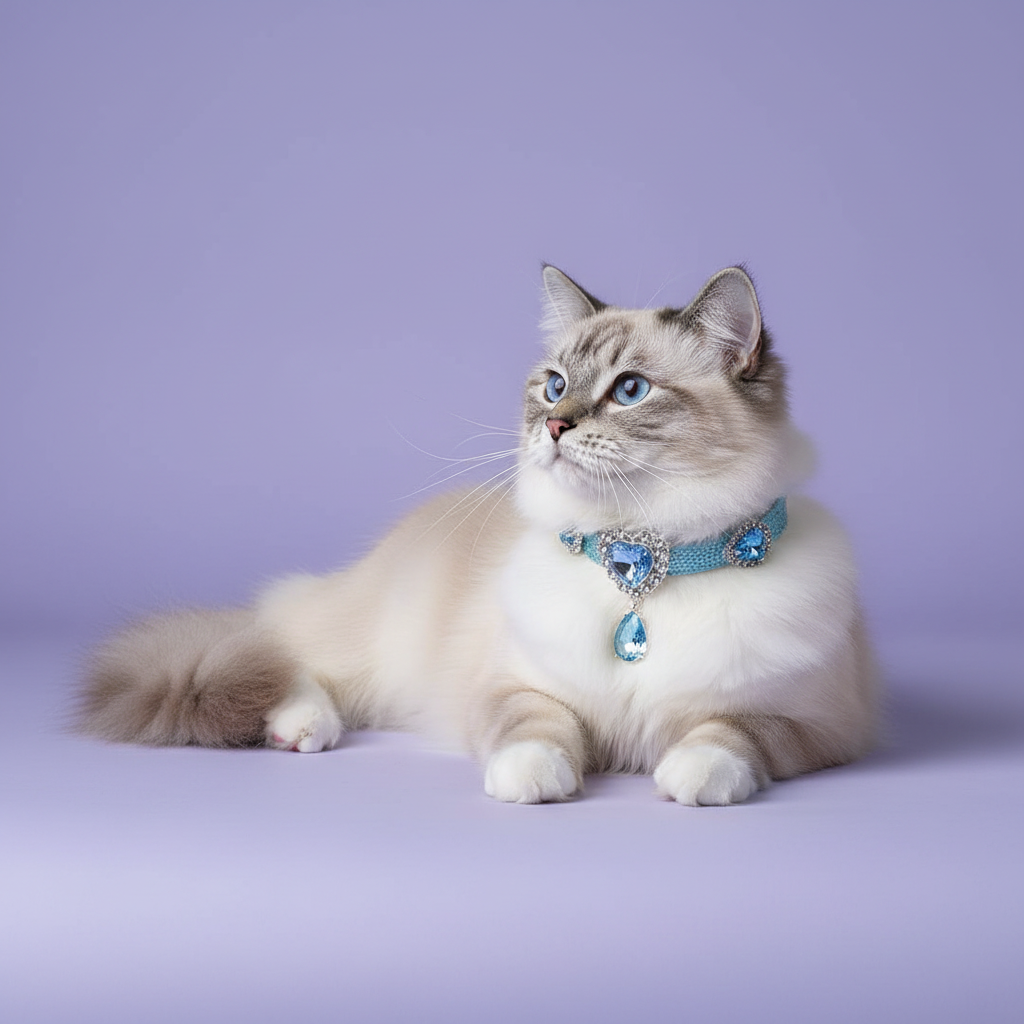Blue-eyed lynx point Ragdoll cat lying down with front paws extended and gazing upward wearing a light blue glitter rhinestone collar with rhinestone-framed aquamarine blue heart crystal embellishments and a dangling faceted blue teardrop pendant, luxury blue heart pendant cat collar for long-haired cats on solid lavender background