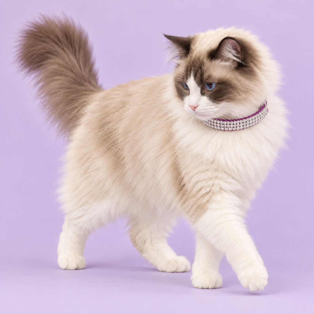 Ragdoll cat captured mid-prance and looking downward
