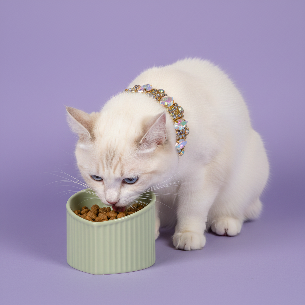 White Ragdoll cat with blue eyes eating dry food from a sage green ceramic bowl, wearing a luxury AB crystal rhinestone collar, on a soft lavender background