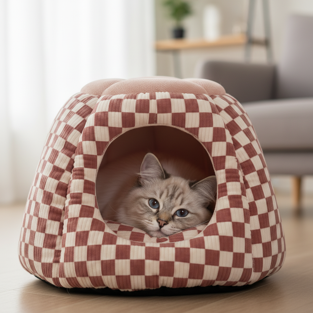 Blue-eyed Ragdoll cat resting inside a dusty rose and cream checkerboard print igloo cave pet bed with round tufted blush boucle top, placed on a hardwood floor in a bright neutral living room with a grey sofa and sheer curtains in the background