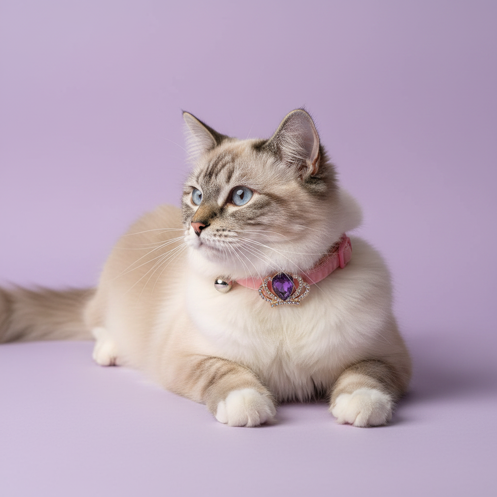 Ragdoll cat wearing blush pink velvet cat collar with gold crown and purple amethyst teardrop gem pendant — luxury cat collar