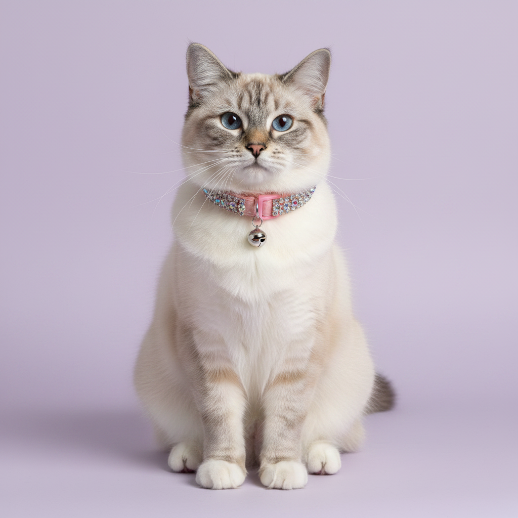 Blue-eyed Ragdoll cat sitting regally and facing camera wearing a pink double-row AB crystal rhinestone collar with silver bell, luxury rhinestone cat collar on lavender background