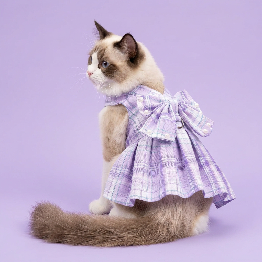 Ragdoll cat in the lavender plaid dress