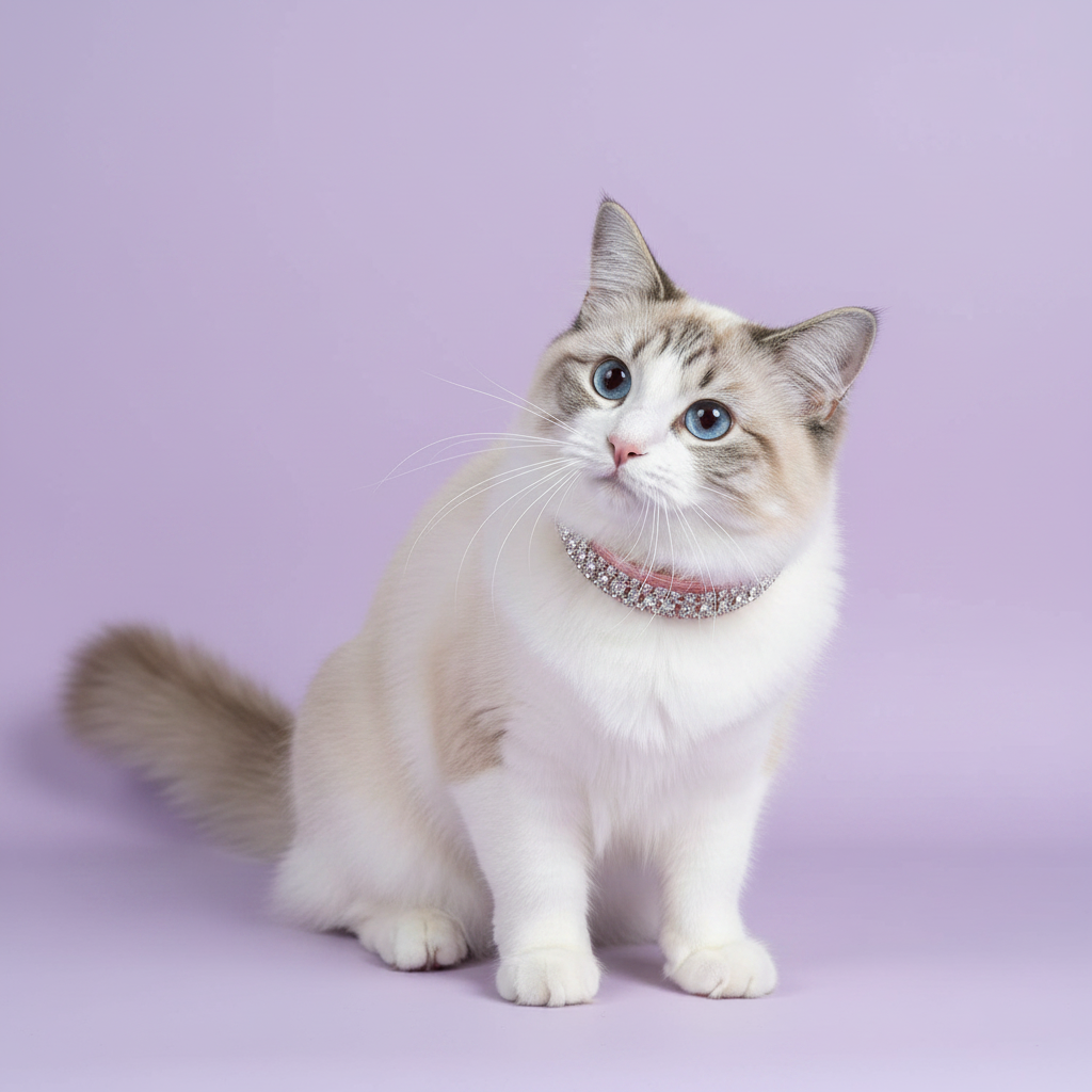Blue-eyed Ragdoll cat sitting tall and gazing upward wearing a pink double-row crystal rhinestone collar, luxury rhinestone cat collar on lavender background