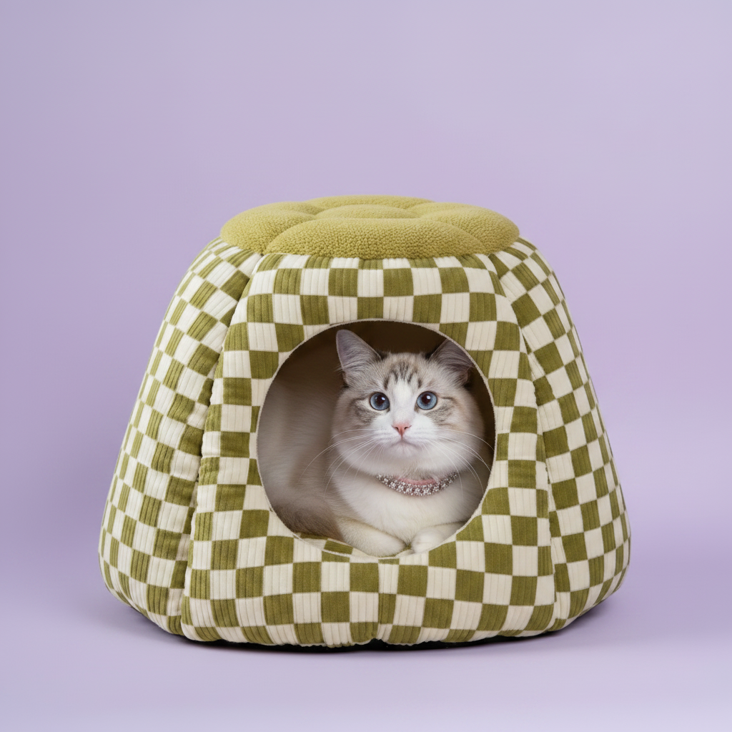 Blue-eyed Ragdoll cat lounging inside an olive green and cream checkerboard print igloo cave pet bed with round tufted olive boucle top, on a soft lavender backdrop, wearing a silver crystal rhinestone collar — Signature Edit style