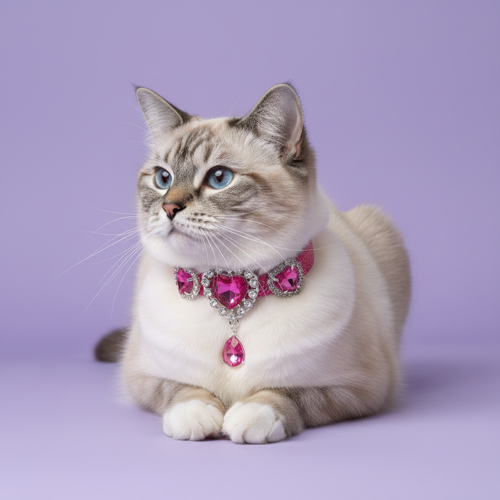 Blue-eyed lynx point Ragdoll cat in loaf position with front paws tucked and gazing upward wearing a pink velvet collar with three large rhinestone-framed hot pink heart crystals and a dangling teardrop pink crystal pendant, luxury heart gem cat collar on solid lavender background