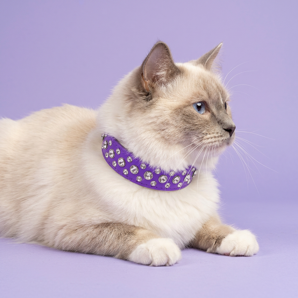 Ragdoll cat lounging with head raised, wearing the wide purple rhinestone collar